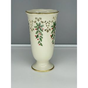 Lenox Holiday Pierced Medium Footed Vase Holly Berry Motif & Scalloped Rim